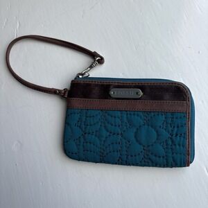 Vintage Y2K Fossil Key-Per Wristlet Teal Quilted Floral Brown Trim Zip Wallet